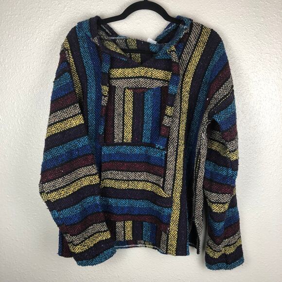 Artesanias Mickey Drug Rug Baja Colorful Striped Poncho Hoodie Rainbow - Picture 2 of 6